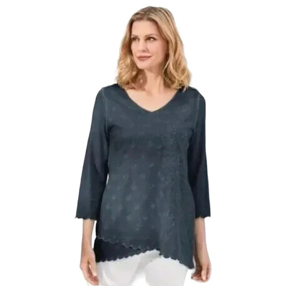 Soft Surroundings Top Malolo Embroidered 3/4 Sleeve Ruffle Hem V Neck Shirt - Picture 2 of 9